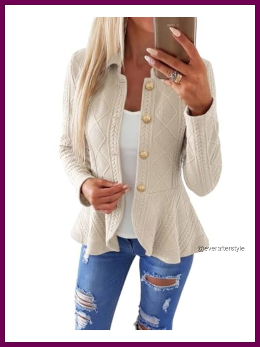 Cable Knit Button Front Ruffle Hem Lightweight Cardigan
